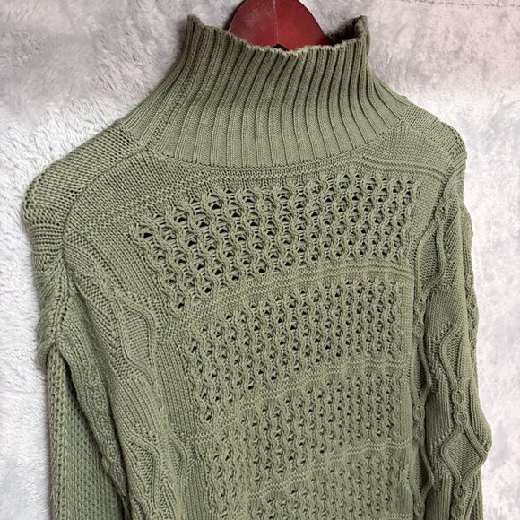 RTA Mock Turtleneck Chunky Knit Sweater Womens M Green Open Stitch Cable Knit - Picture 2 of 8